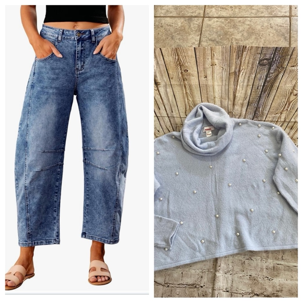 Bundle , High waist wide leg baggy ankle jeans & vintage blue sweater , size L